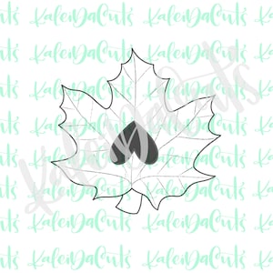 May include: A black and white line drawing of a maple leaf with a heart shape in the center. The heart is filled in with a dark gray color.