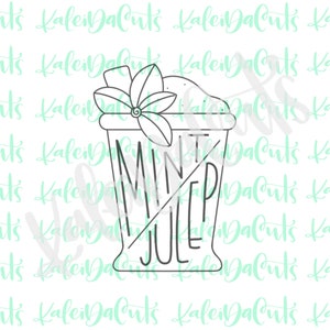 May include: A black and white line drawing of a mint julep glass with a mint sprig on top. The text "MINT JULEP" is written on the glass.