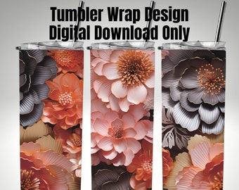 3D koraal & metallic bloemen | 20oz magere rechte Tumbler Wrap | Sublimatie ontwerpen | PNG digitaal ontwerp downloaden | 2 PNG's