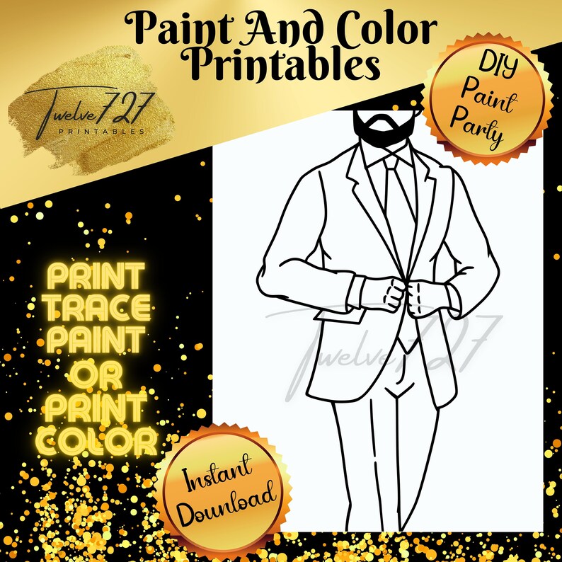 May include: A black and white line drawing of a person wearing a suit jacket and tie. The image is a printable coloring page with the text "Print Trace Paint or Print Color" and "Instant Download" on the page.
