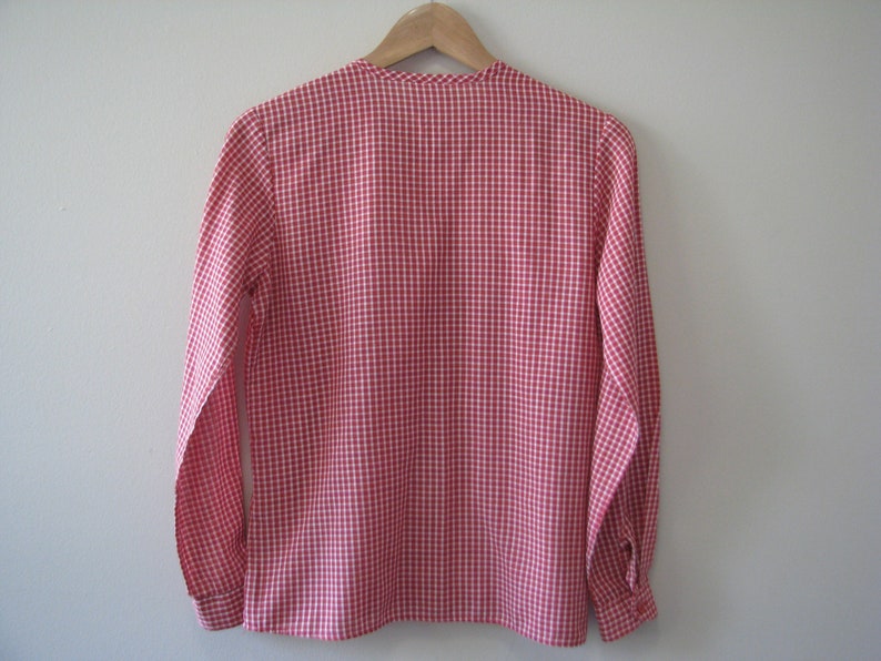 Checkered Victorian Boho Country style plaid 70s Ruffled red /& white Plaid Tartan Cotton button front Western Prairie long sleeve blouse
