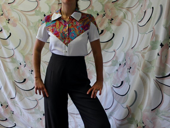 Vintage 80s Abstract Color Block Floral Blouse - 8