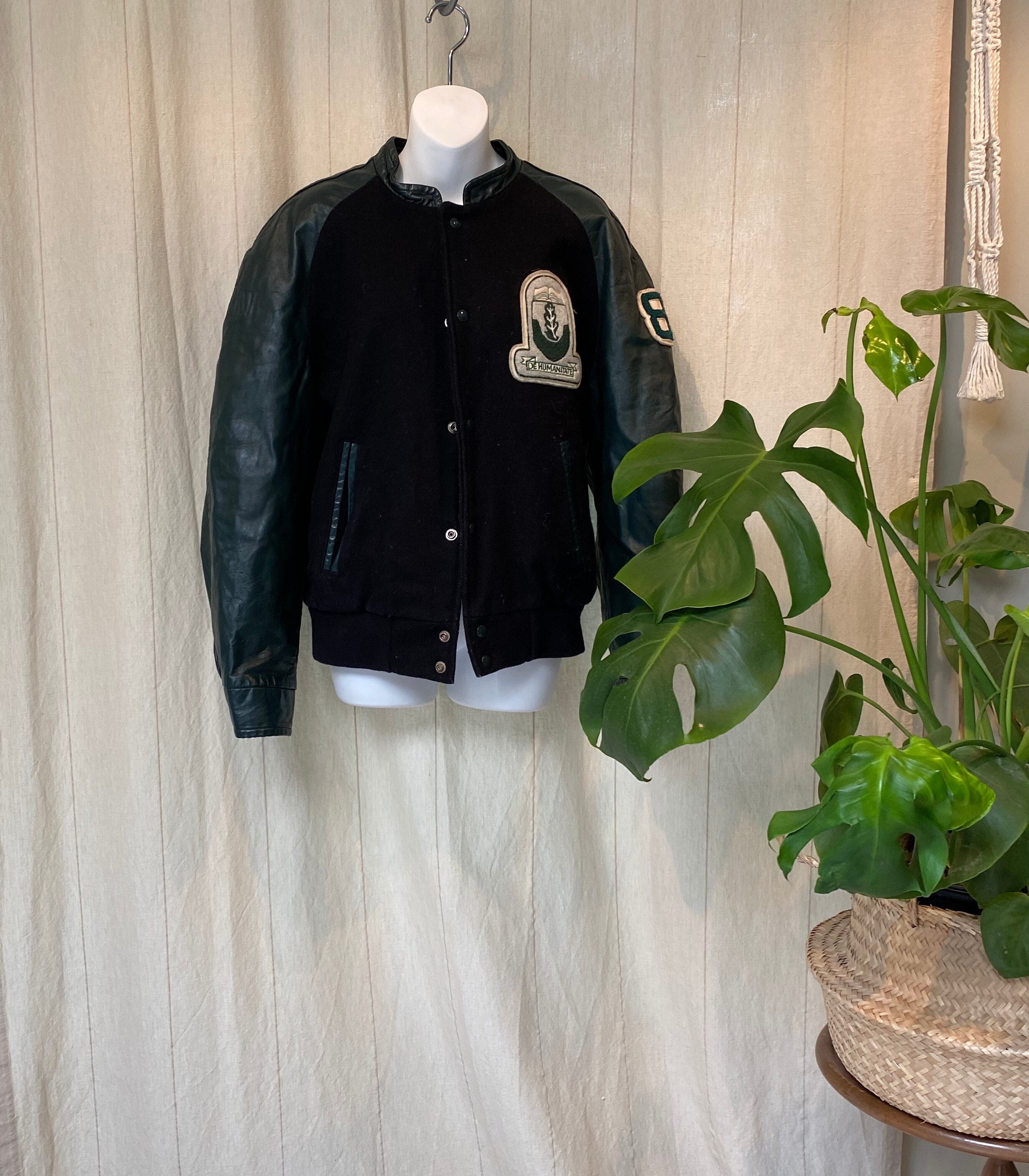 Varsity Letterman Baseball Bomber Retro Vintage Jacket Forest Green Wool  Gold Genuine Leather Sleeves at  Men’s Clothing store