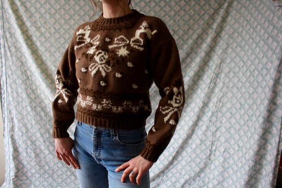 80s chunky knit brown floral crop cropped pullover