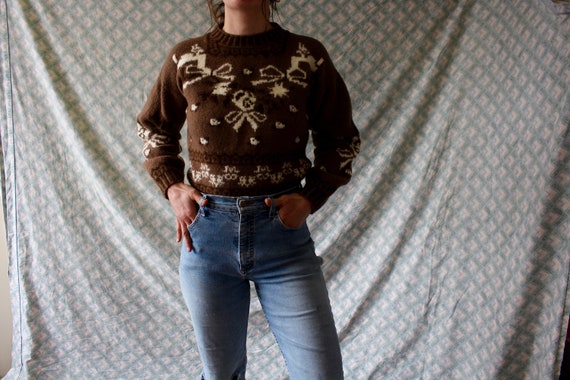 80s chunky knit brown floral crop cropped pullove… - image 2