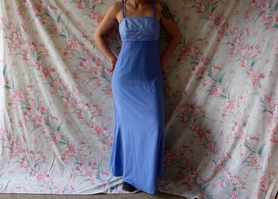 90s blue floral embroidered strappy bodycon maxi s
