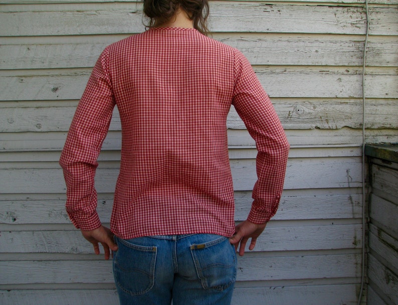 Checkered Victorian Boho Country style plaid 70s Ruffled red /& white Plaid Tartan Cotton button front Western Prairie long sleeve blouse