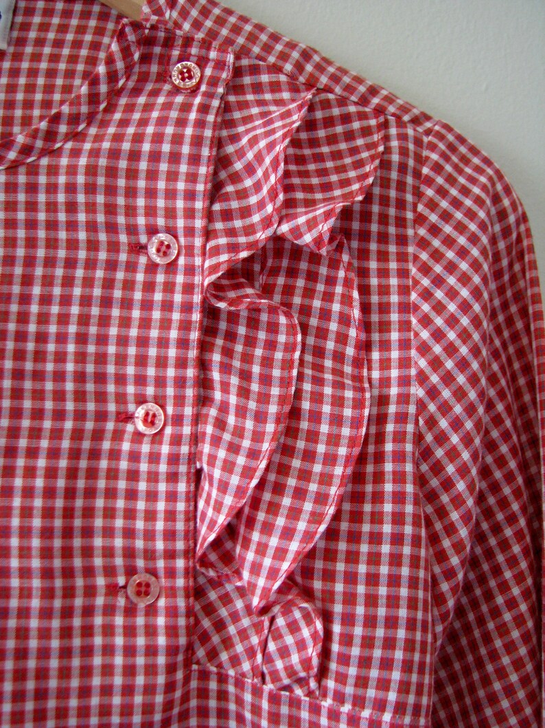 Checkered Victorian Boho Country style plaid 70s Ruffled red /& white Plaid Tartan Cotton button front Western Prairie long sleeve blouse