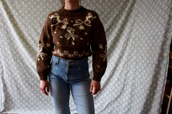 80s chunky knit brown floral crop cropped pullove… - image 3