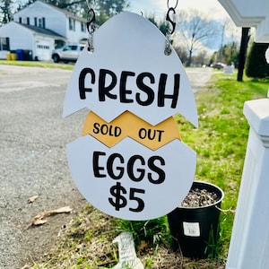 May include: A white, egg-shaped sign with the words "FRESH," "SOLD OUT," and "EGGS $5" in black lettering. The sign is hanging outside, with a yellow center and a background of a residential street.