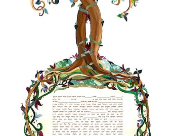 May include: A traditional Jewish Ketubah, or marriage contract, with a hand-painted illustration of two intertwined trees with green, brown, and gold branches. The text is in Hebrew and includes the names of the bride and groom.