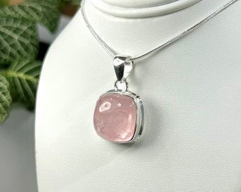 Rose Quartz Cabochon set in Sterling Silver with Sterling Silver Chain - High Quality Ethically Sourced Natural Handmade Gemstone Jewelry