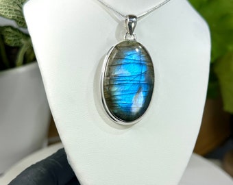 Blue Flash Labradorite Cabochon set in Sterling Silver with Sterling Silver Chain - High Quality Ethically Sourced Natural Gemstone Jewelry