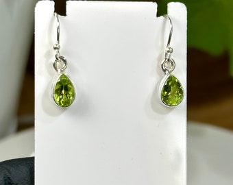 Faceted Peridot Teardrop Pear Shape Dangle Earrings set in Sterling Silver - Ethically Mined in Arizona - Jewelry Crafted Handmade in the US