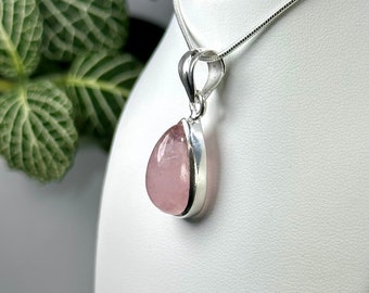 Rose Quartz Cabochon set in Sterling Silver with Sterling Silver Chain - High Quality Ethically Sourced Natural Handmade Gemstone Jewelry