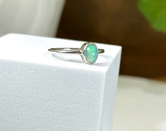 Opal Cabochon Gemstone from Ethiopia set in Sterling Silver Ring Size 8 - Ethically Sourced Gem and Handmade Jewelry The Perfect Dainty Gift