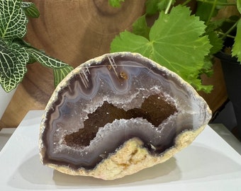 Brazilian Agate Geode with Poished Rim and Druzy Quartz Crystal Center - Perfect for Mineral Collectors of All Ages and Metaphysical Use