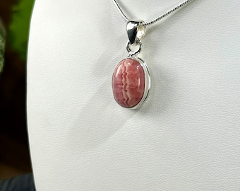 Rhodochrosite Cabochon set in Sterling Silver w/ Sterling Silver Chain - High Quality Ethically Sourced Gemstone - Made in the USA Jewelry