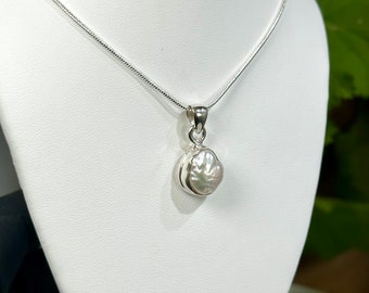 Pearl Pendant with Beautiful Natural Iridescence set in Sterling Silver with Sterling Silver Chain - Handmade Jewelry Created in the US