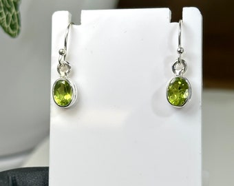 Faceted Peridot Oval Shape Dangle Earrings set in Sterling Silver - Ethically Mined in Arizona - Jewelry Crafted Handmade in the US