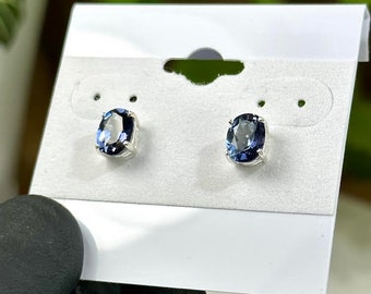 Blue Iolite Faceted Oval Prong Stud Earrings set in Sterling Silver - Ethically Mined in Sri Lanka and Handmade in Maine Jewelry - 20% OFF