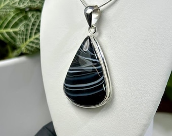 Black Agate Cabochon with Natural White Banding set in Sterling Silver w/ Sterling Silver Chain - High Quality Ethically Sourced Gemstone
