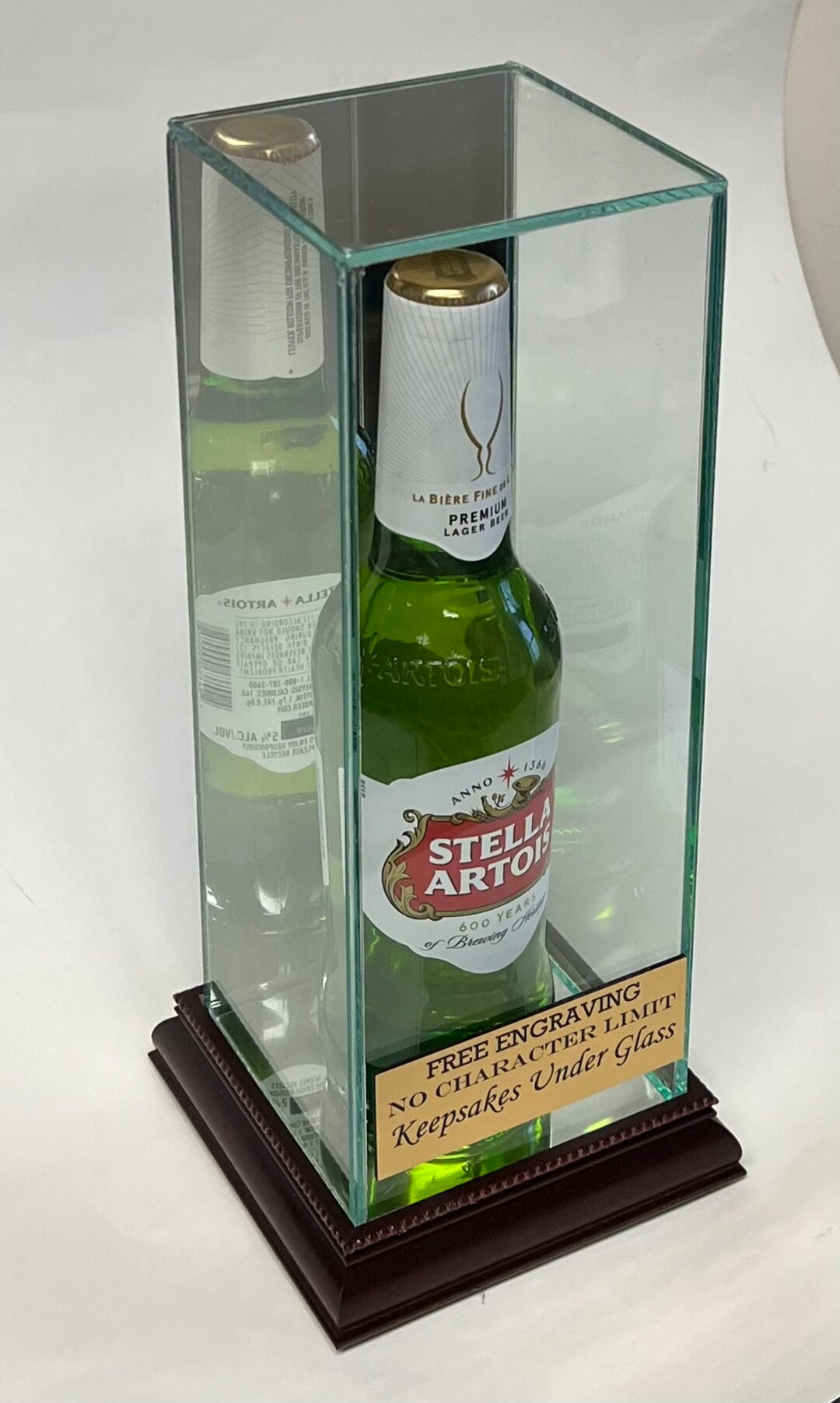 Beer or Soda Bottle Personalized Glass Display Case With Red Mahogany