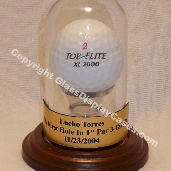 Single Golf Ball Hole In One Glass Display Case Round Dome with Walnut Finish Wood Base - Free Laser Engraved Nameplate