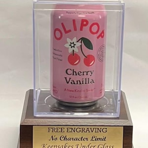 Beer or Soda Beverage Can Personalized Acrylic Display Case with Cherry or Black Finish Wood Base - Free No Limit Engraving