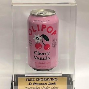 Beer or Soda Can Personalized Acrylic Display Case with Custom Riser Base - Free Engraving