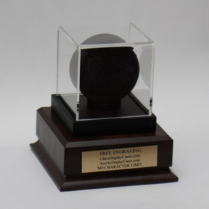 Hockey Puck Personalized Acrylic Display Case with a Cherry or Black Finish Wood Platform Base - Free No Limit Engraving