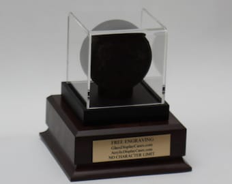 Hockey Puck Personalized Acrylic Display Case with Custom Puck Stand and Cherry Finish Wood Platform Base - Free No Limit Engraving