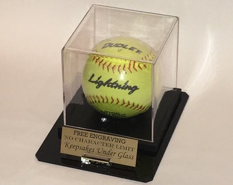 Softball Acrylic Personalized - Engraved Display Case with Black Octagon Base and Custom Stand