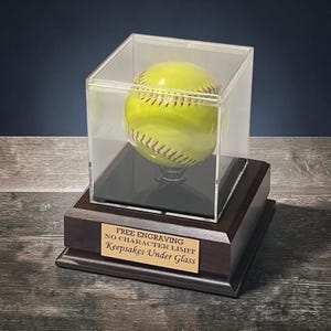 Personalized Softball Display Case: Cherry Finish Wood Base. UV Protected Acrylic, Custom Stand