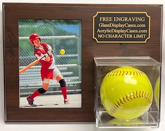 Vitrine murale personnalisée pour ballons de softball et 8 x 10 pouces : plaque en bois au fini cerisier, impression photo gratuite