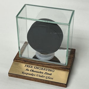 Hockey Puck Personalized Slim Line 4x2 Glass Display Case with Solid Wood Base - Mahogany or Black Finish and Custom Stand - Free Engraving