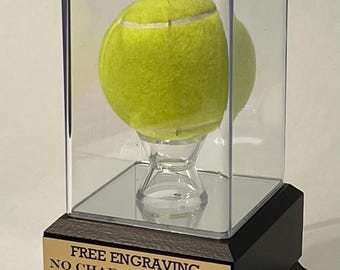 Personalized Tennis Ball Display Case: Engraved Nameplate, Cherry or Black Finish Base