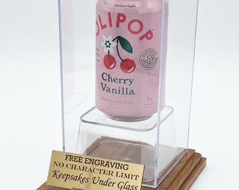 Gepersonaliseerde vitrine voor bierblikjes van acryl voor een standaard 12 oz: massief kersenhouten basis