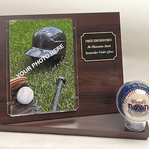 Baseball + 5x7 Photo Vertical or Horizontal  Desktop Display Case with Cherry Finish Wood. Free Photo Printing.