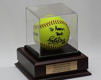 Softball Personalized Acrylic Display Case for 11&quot; or 12&quot; Ball.  Custom Ball Stand. Cherry Finish, Black Finish, or Solid Walnut Base.