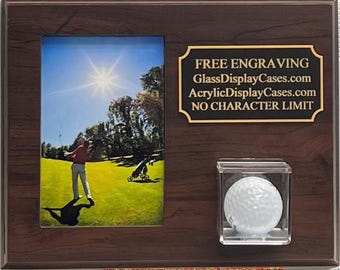 Personalized Golf Ball & 5x7 Picture Wall Mount or Tabletop Display Case: Cherry Finish Wood Plaque