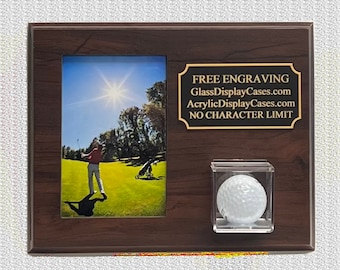 Support mural personnalisé pour balles de golf et image 5 x 7 pouces ou vitrine de table : plaque en bois finition cerisier