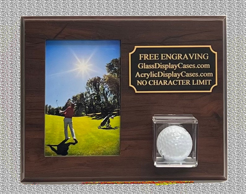 Golf Ball 5x7 Photo Scorecard Hole In One Vertical Horizontal Choice Personalized Display Case Cherry Finish Wood Plaque image 1