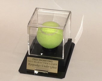 Tennis Ball Acrylic Personalized - Engraved Display Case with Black Octagon Base and Custom Stand