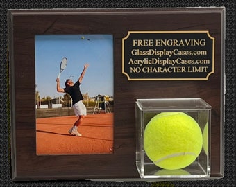 Tennis Ball & 5x7 Photo Display Case Plaque - Wall Mount - Cherry Finish Personalized - Engraved