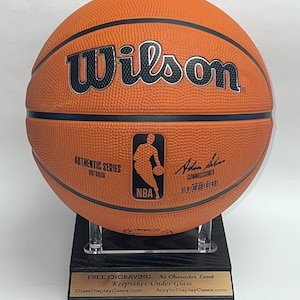 Basketball Personalized Acrylic Display Stand Award Ball Holder and Mahogany or Black Finish Wood Base