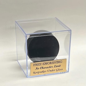 Hockey Puck Acrylic Display Case with Fitted Lid and Custom Ball Stand - Free Engraving