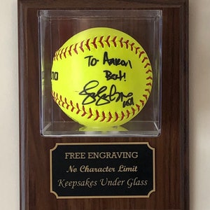 Softball Wall Mount or Desktop Display Case Holder - Wood Plaque - Walnut or Black Finish - Free Engraving