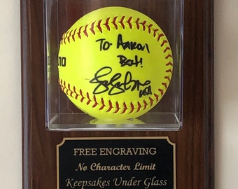 Softball Wall Mount or Desktop Display Case Holder - Wood Plaque - Walnut or Black Finish - Free Engraving