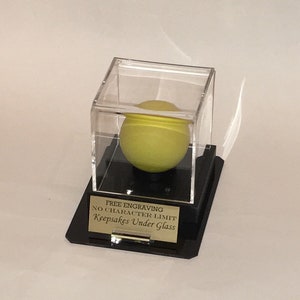 Lacrosse Ball Acrylic Personalized - Engraved Display Case with a Black Octagon Base and Custom Stand